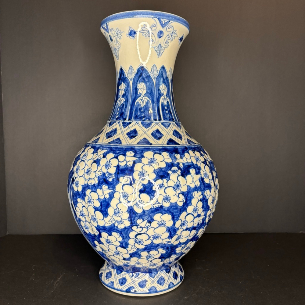 Polished Ceramic Blue and White Floral Design Vase 13”